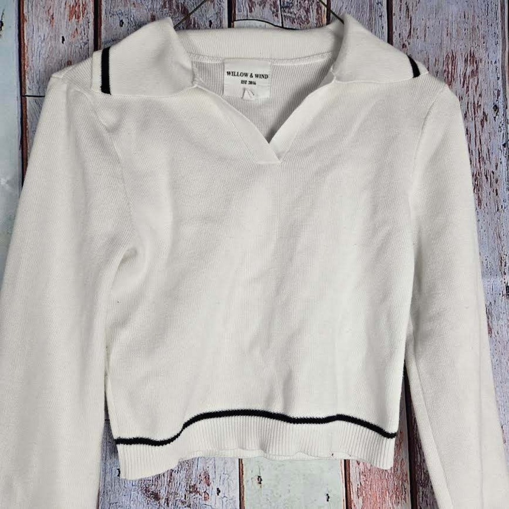 Willow‎ & Wind White Collared Crop Sweater Knit Top Long Sleeve XS
